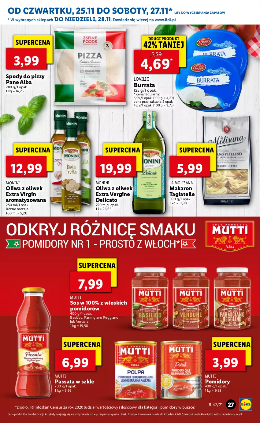 Gazetka promocyjna Lidl - GAZETKA OD 25.11 DO 28.11 - ważna 25.11 do 28.11.2021 - strona 27 - produkty: Burrata, Gin, Isana, Lovi, Makaron, Monini, Oliwa z oliwek, Pomidory, Sos