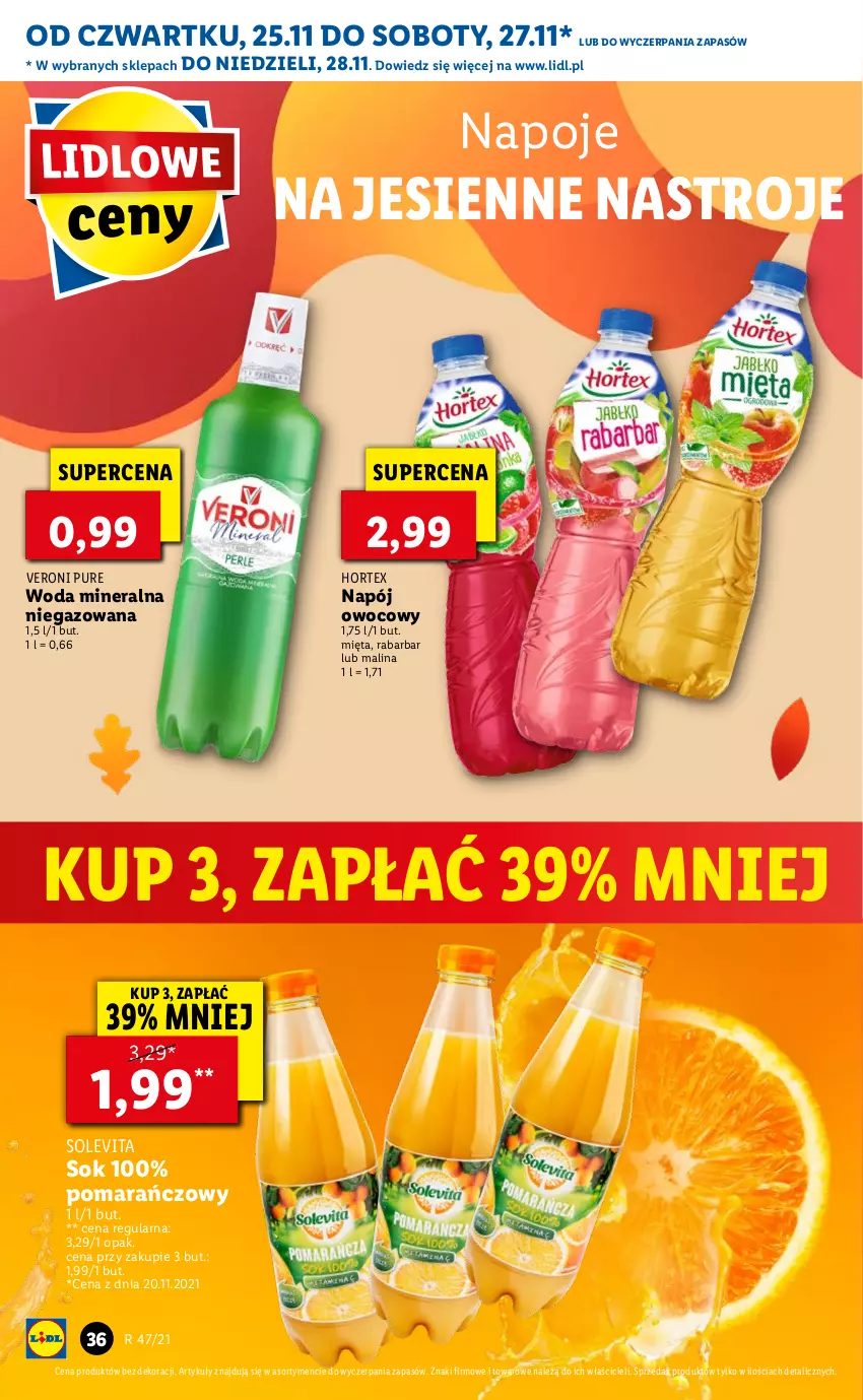 Gazetka promocyjna Lidl - GAZETKA OD 25.11 DO 28.11 - ważna 25.11 do 28.11.2021 - strona 36 - produkty: Hortex, Mięta, Napój, Napoje, Pur, Sok, Woda, Woda mineralna