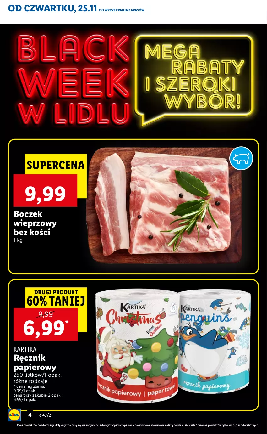 Gazetka promocyjna Lidl - GAZETKA OD 25.11 DO 28.11 - ważna 25.11 do 28.11.2021 - strona 4 - produkty: Boczek, Boczek wieprzowy, Papier, Ręcznik