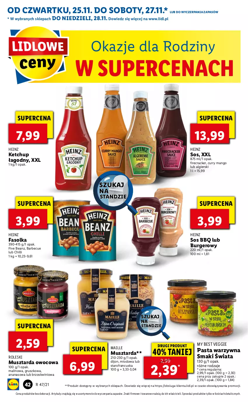 Gazetka promocyjna Lidl - GAZETKA OD 25.11 DO 28.11 - ważna 25.11 do 28.11.2021 - strona 42 - produkty: Ananas, Burger, Fa, Heinz, Ketchup, LG, Mango, Mus, Musztarda, Pasta warzywna, Sos