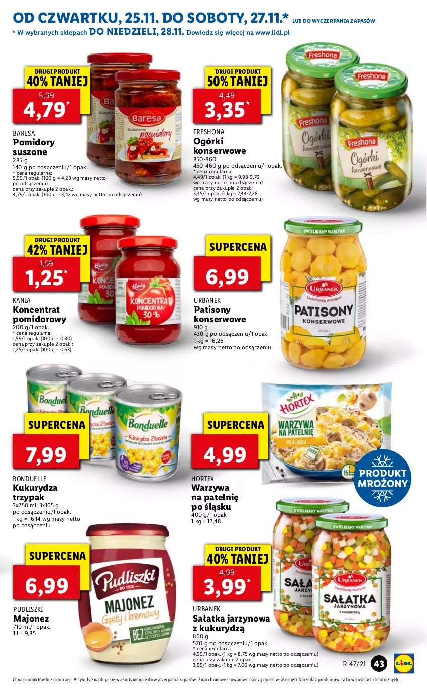 Gazetka promocyjna Lidl - GAZETKA OD 25.11 DO 28.11 - ważna 25.11 do 28.11.2021 - strona 43 - produkty: Bonduelle, Hortex, Koncentrat pomidorowy, Kukurydza, Majonez, Ogórki konserwowe, Pomidory, Pudliszki, Sałat, Sałatka, Ser, Sony, Warzywa