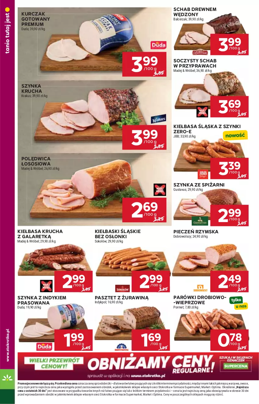 Gazetka promocyjna Stokrotka - Supermarket - ważna 14.05 do 20.05.2026 - strona 12 - produkty: Duda, Gala, Kiełbasa, Kiełbasa krucha, Kiełbasa śląska, Kiełbaski śląskie, Krakus, Kurczak, Kurczak gotowany, Mięso, Optima, Owoce, Parówki, Pasztet, Piec, Pieczeń rzymska, Polędwica, Por, Sok, Sokołów, Sos, Szynka, Warzywa