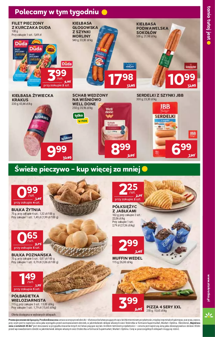Gazetka promocyjna Stokrotka - Supermarket - ważna 14.05 do 20.05.2026 - strona 13 - produkty: Bagietka, Bułka, Duda, Jabłka, Kiełbasa, Kiełbasa głogowska, Kiełbasa podwawelska, Krakus, Kurczak, Mięso, Morliny, Optima, Owoce, Piec, Pieczywo, Pizza, Półbagietka, Ser, Serdelki, Sok, Sokołów, Warzywa, Wawel