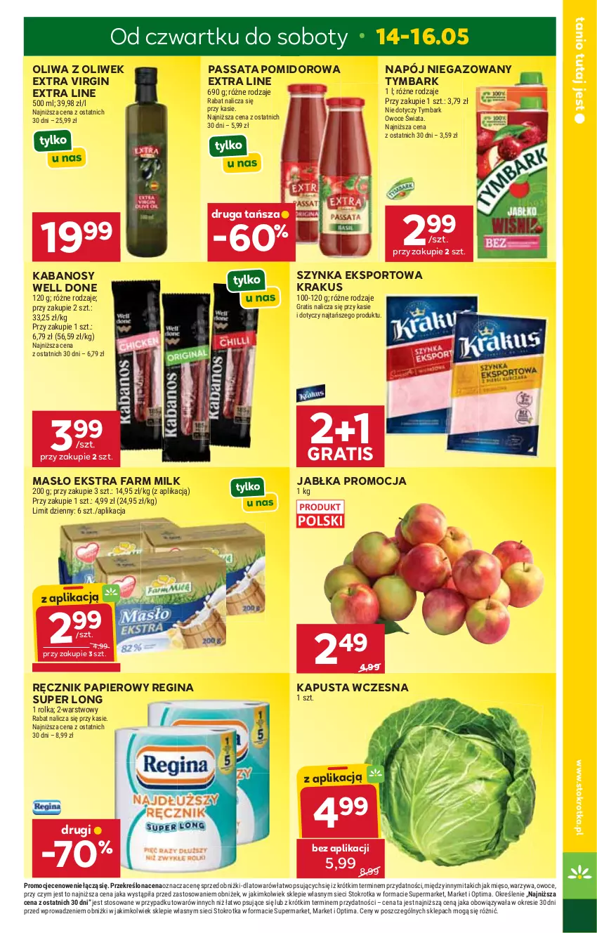Gazetka promocyjna Stokrotka - Supermarket - ważna 14.05 do 20.05.2026 - strona 3 - produkty: Fa, Farm Milk, Gin, Gra, Jabłka, Kabanos, Krakus, Masło, Mięso, Napój, Napój niegazowany, Oliwa z oliwek, Optima, Owoce, Papier, Por, Ręcznik, Sport, Szynka, Tymbark, Warzywa