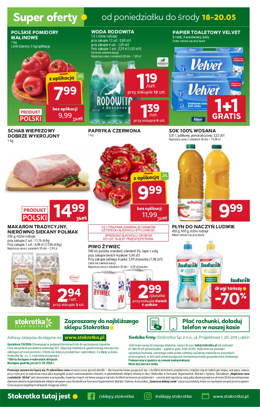 Gazetka promocyjna Stokrotka - Supermarket - ważna 14.05 do 20.05.2026 - strona 41 - produkty: Dres, Gra, JBL, Ludwik, Makaron, Mięso, O nas, Olma, Optima, Owoce, Papier, Papier toaletowy, Papryka, Papryka czerwona, Piwa, Piwo, Pomidory, Schab wieprzowy, Sok, Telefon, Velvet, Wagi, Warzywa, Woda, Wosana