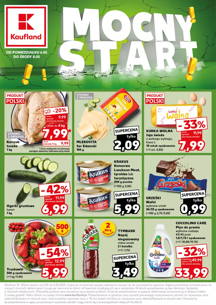 Gazetka promocyjna Kaufland - Kaufland - ważna 06.05 do 08.05.2024 - strona 1 - produkty: Coccolino, Edam, Grunt, Grześki, Jaja, Krakus, Kurczak, Mleko, Mlekovita, Napój, Płyn do prania, Ser, Truskawki, Tusz, Tymbark