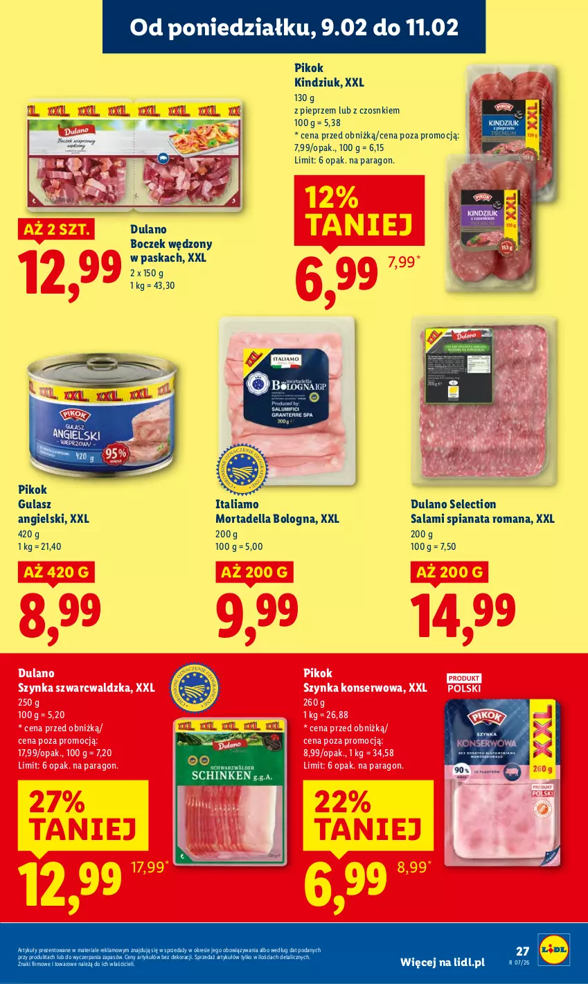 Gazetka promocyjna Lidl - GAZETKA - ważna 09.02 do 11.02.2026 - strona 27 - produkty: Boczek, Dell, Dulano, Kindziuk, Mortadella, Pieprz, PIKOK, Salami, Ser, Szynka, Szynka konserwowa