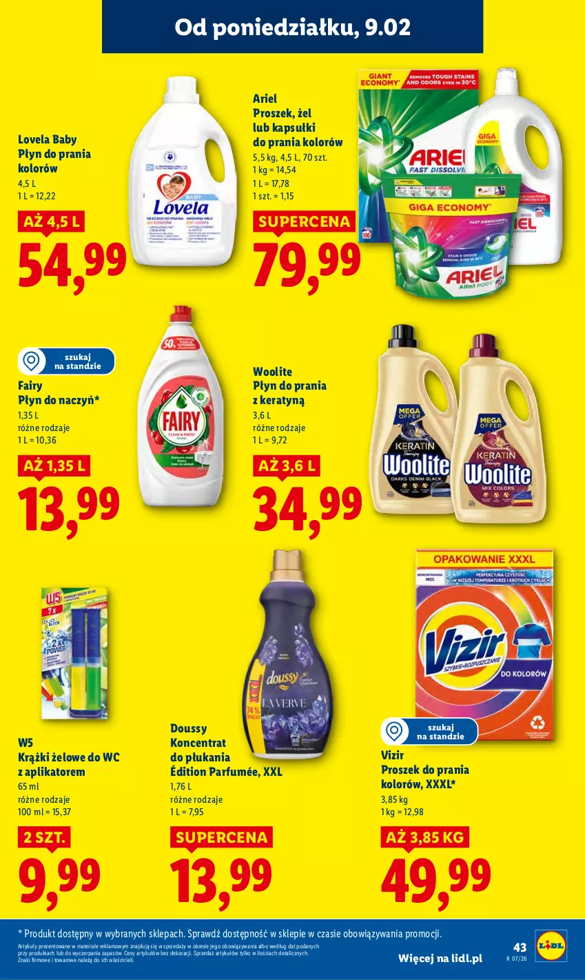 Gazetka promocyjna Lidl - GAZETKA - ważna 09.02 do 11.02.2026 - strona 43 - produkty: Ariel, Fa, Fairy, Kapsułki do prania, Lovela, Płyn do prania, Proszek do prania, Vizir, Woolite