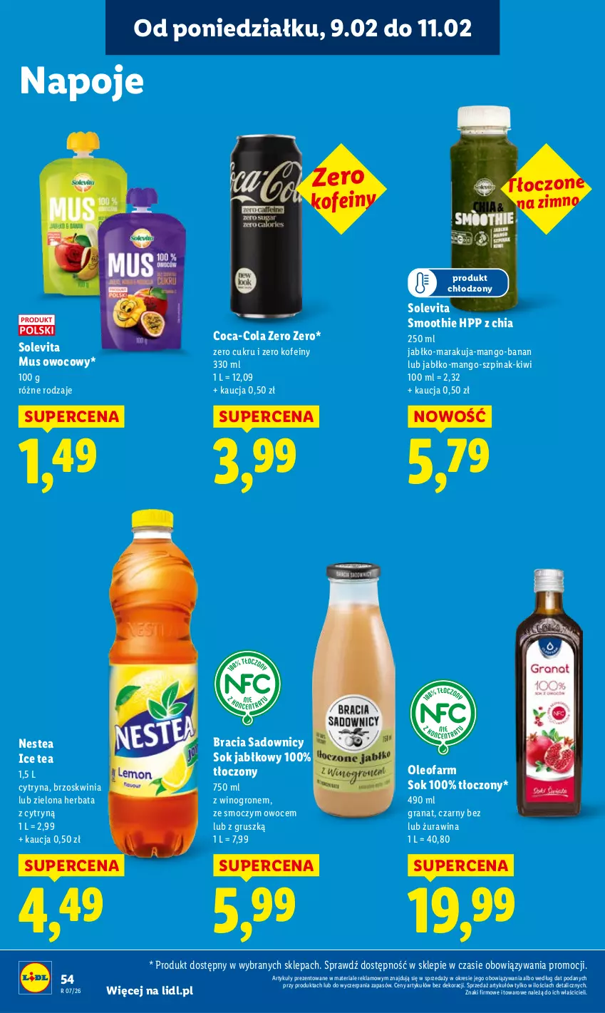 Gazetka promocyjna Lidl - GAZETKA - ważna 09.02 do 11.02.2026 - strona 54 - produkty: Chia, Coca-Cola, Fa, Gra, Granat, Herbata, HP, Ice tea, Kiwi, Mango, Mus, Napoje, Nestea, Oleo, Oleofarm, Owoce, Smoothie, Sok, Sok jabłkowy, Szpinak, Wino