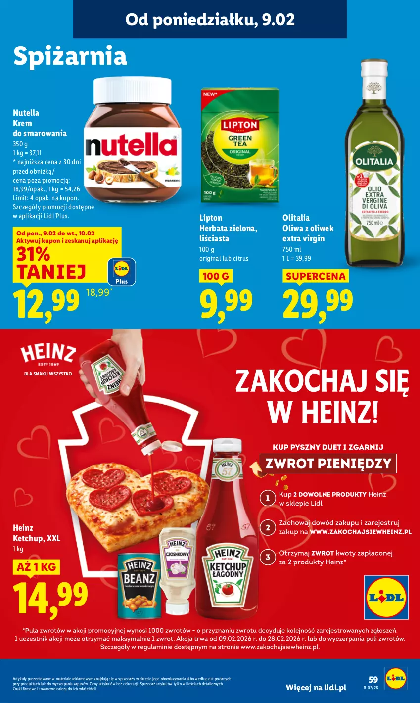Gazetka promocyjna Lidl - GAZETKA - ważna 09.02 do 11.02.2026 - strona 59 - produkty: Gin, Heinz, Herbata, Ketchup, Lipton, Nutella, Oliwa z oliwek