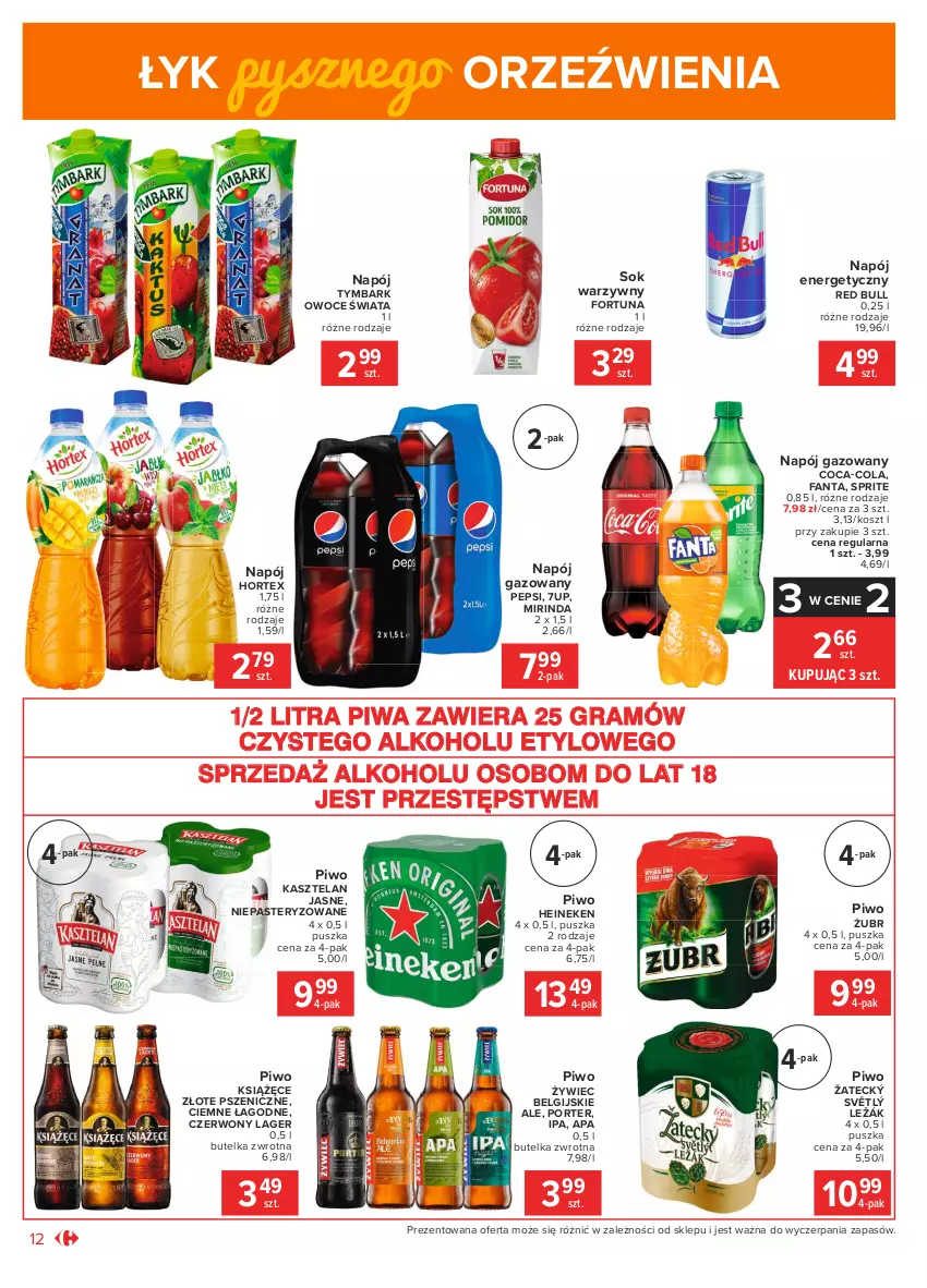 Gazetka promocyjna Carrefour - Gazetka Market - ważna 01.02 do 13.02.2021 - strona 12 - produkty: 7up, Coca-Cola, Fa, Fanta, Fortuna, Gra, Heineken, Hortex, Kasztelan, Kosz, Książęce, LG, Mirinda, Napój, Napój energetyczny, Napój gazowany, Owoce, Pepsi, Piwa, Piwo, Por, Red Bull, Sok, Sprite, Tymbark