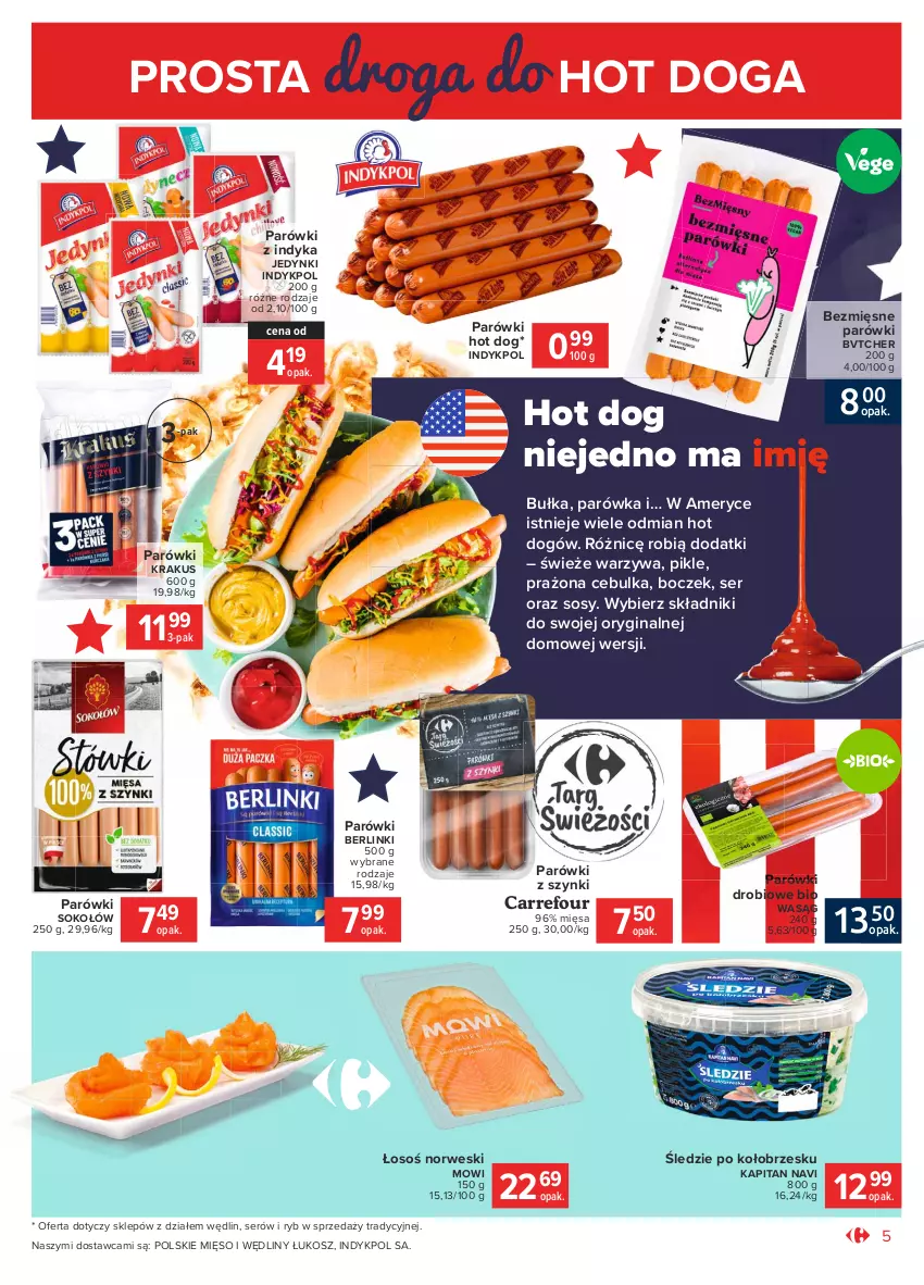 Gazetka promocyjna Carrefour - Gazetka Market - ważna 01.02 do 13.02.2021 - strona 5 - produkty: Berlinki, Boczek, Bułka, Gin, Hot dog, Kosz, Krakus, Mięso, Parówki, Parówki hot dog, Parówki z indyka, Parówki z szynki, Ser, Sok, Sokołów, Sos, Warzywa