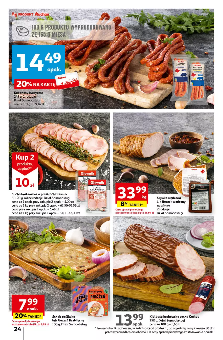 Gazetka promocyjna Auchan - Wielkanoc z najlepszej cenie! Część 2. Hipermarket Auchan - ważna 21.03 do 30.03.2024 - strona 24 - produkty: Boczek, Kabanos, Kiełbasa, Kiełbasa krakowska, Krakus, Olewnik, Piec, Szynka