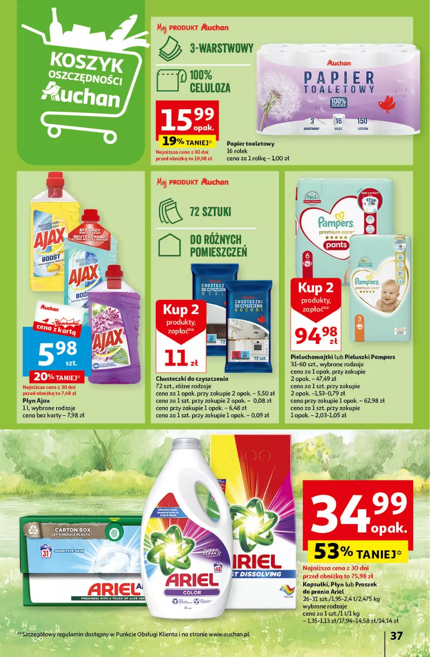 Gazetka promocyjna Auchan - Wielkanoc z najlepszej cenie! Część 2. Hipermarket Auchan - ważna 21.03 do 30.03.2024 - strona 37 - produkty: Ajax, Ariel, Chusteczki, Chusteczki do czyszczenia, Majtki, Pampers, Papier, Papier toaletowy, Pieluchomajtki