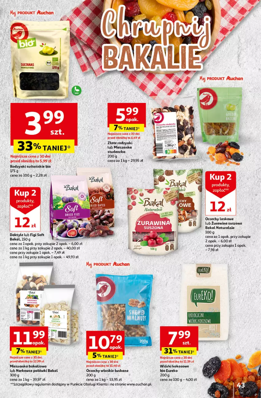 Gazetka promocyjna Auchan - Wielkanoc z najlepszej cenie! Część 2. Hipermarket Auchan - ważna 21.03 do 30.03.2024 - strona 43 - produkty: Daktyle, Figi, Kokos, Mieszanka bakaliowa, Mieszanka studencka, Orzechy włoskie, Rodzynki, Wiórki kokosowe