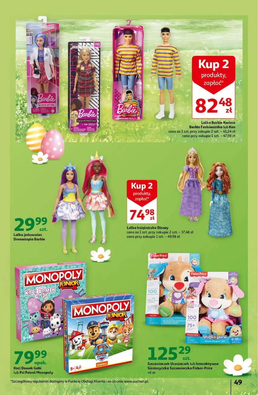 Gazetka promocyjna Auchan - Wielkanoc z najlepszej cenie! Część 2. Hipermarket Auchan - ważna 21.03 do 30.03.2024 - strona 49 - produkty: Barbie, Disney, Fa, Fisher-Price, Jednorożec, Koc, Lalka, Monopoly, Psi Patrol, Szczeniaczek uczniaczek, Tera, Top