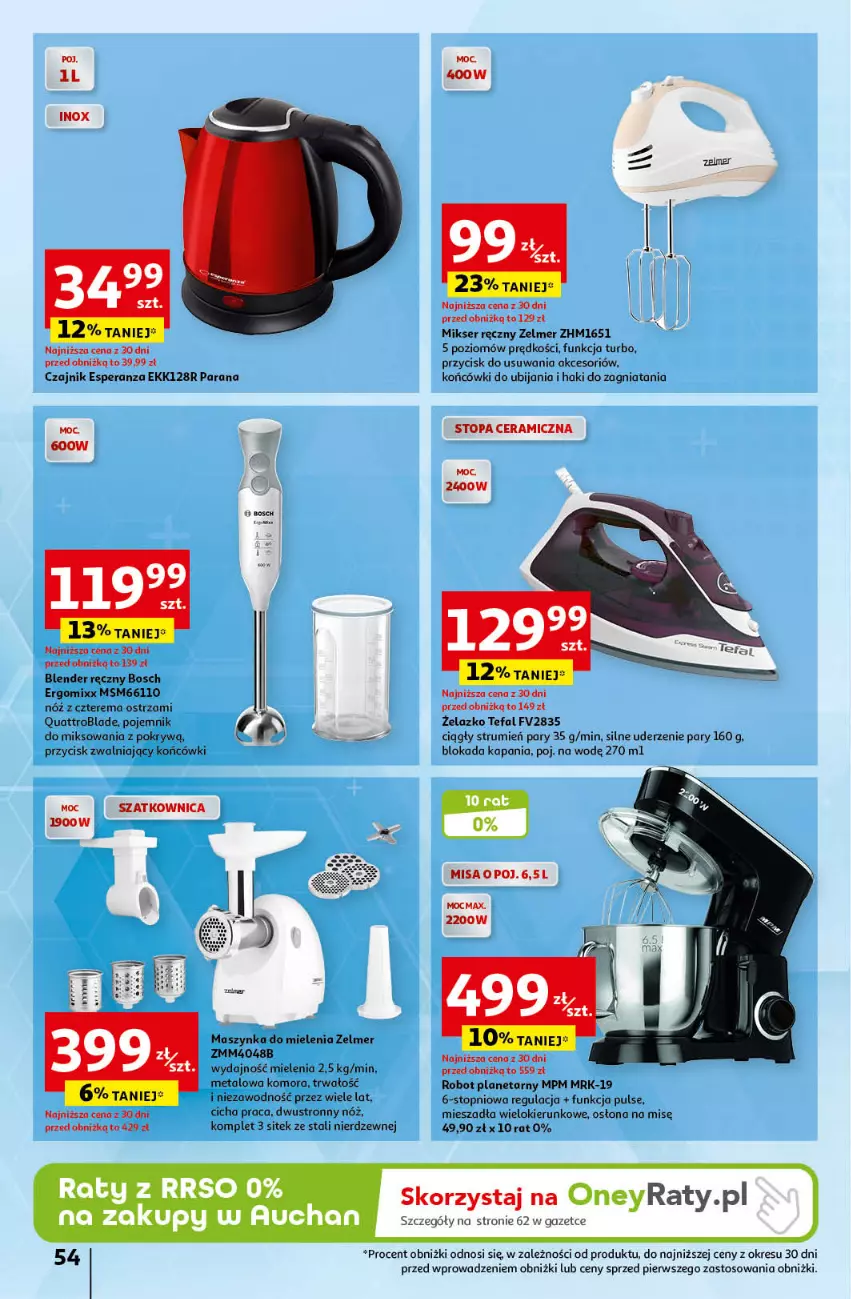 Gazetka promocyjna Auchan - Wielkanoc z najlepszej cenie! Część 2. Hipermarket Auchan - ważna 21.03 do 30.03.2024 - strona 54 - produkty: Blender, Blender ręczny, Bosch, Czajnik, Fa, Maszynka, Maszynka do mielenia, Mikser, Mikser ręczny, Pojemnik, Robot, Robot planetarny, Rum, Ser, Szatkownica, Szynka, Tefal, Top, Zelmer