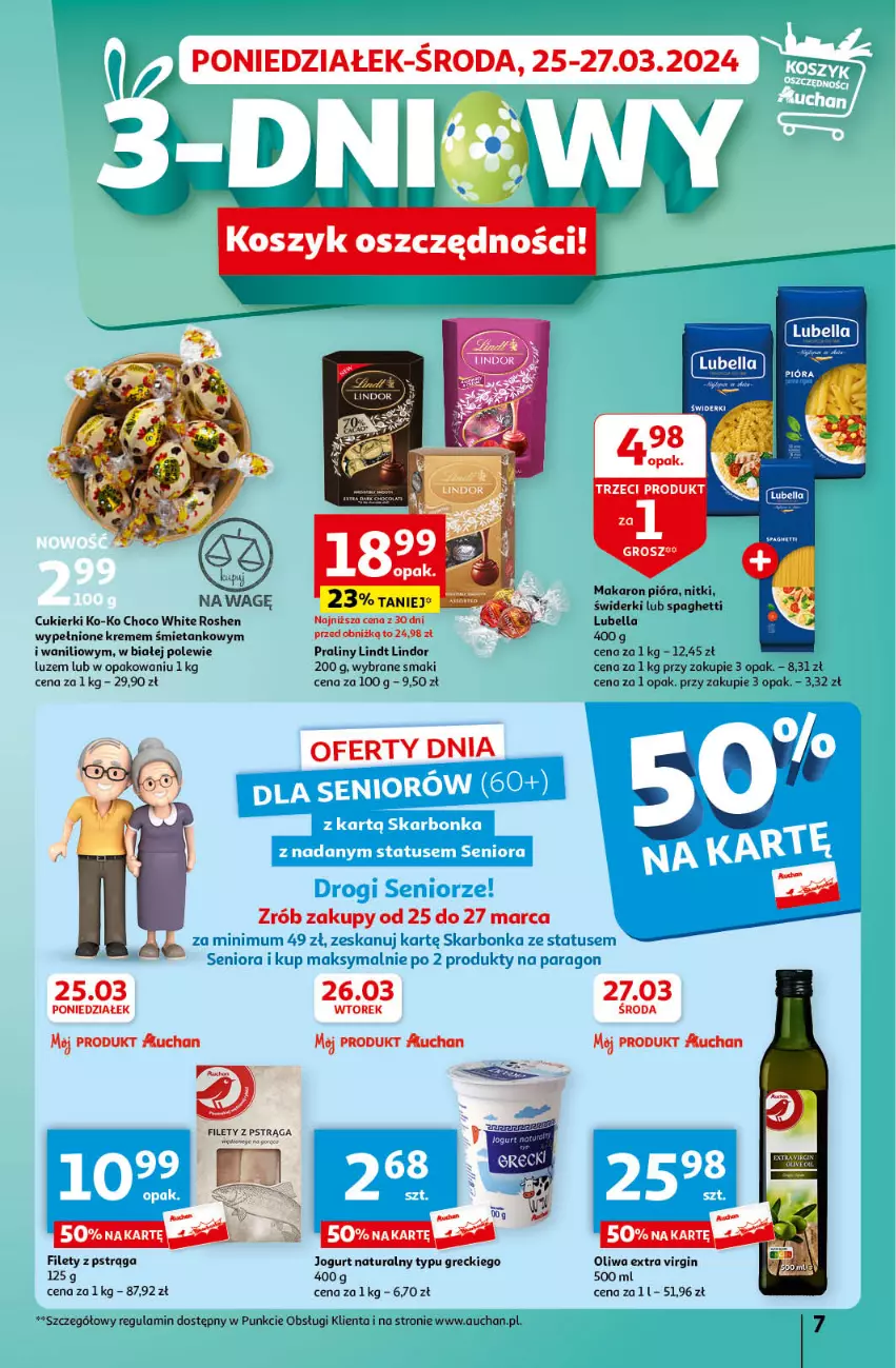 Gazetka promocyjna Auchan - Wielkanoc z najlepszej cenie! Część 2. Hipermarket Auchan - ważna 21.03 do 30.03.2024 - strona 7 - produkty: Bell, Bella, Cukier, Cukierki, Dron, Gin, Jogurt, Jogurt naturalny, Lindor, Lindt, Lubella, Makaron, Praliny, Pstrąg, Spaghetti