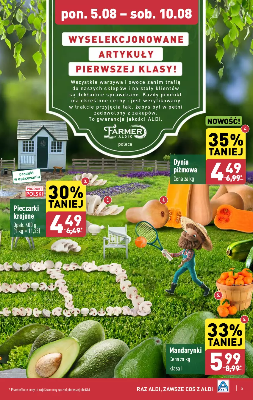 Gazetka promocyjna Aldi - Farmer ALDIK poleca świeże owoce i warzywa - ważna 05.08 do 10.08.2024 - strona 5 - produkty: Mandarynki, O nas, Owoce, Piec, Pieczarki krojone, Warzywa, Warzywa i owoce