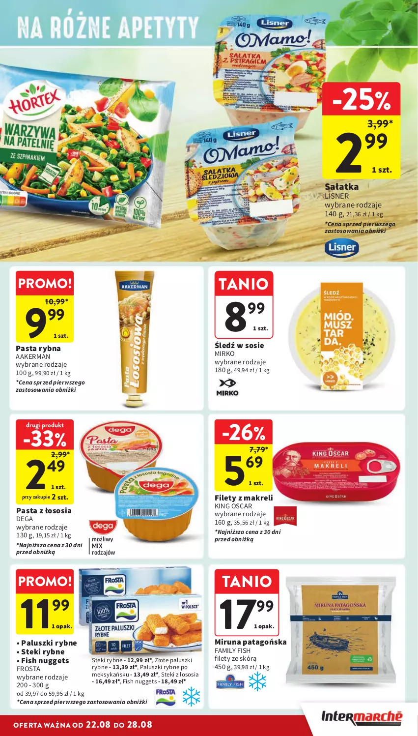 Gazetka promocyjna Intermarche - Gazetka Intermarche - ważna 22.08 do 28.08.2024 - strona 19 - produkty: Dega, Fa, Frosta, Lisner, Miruna, Paluszki rybne, Sałat, Sałatka, Sos, Stek, Tago