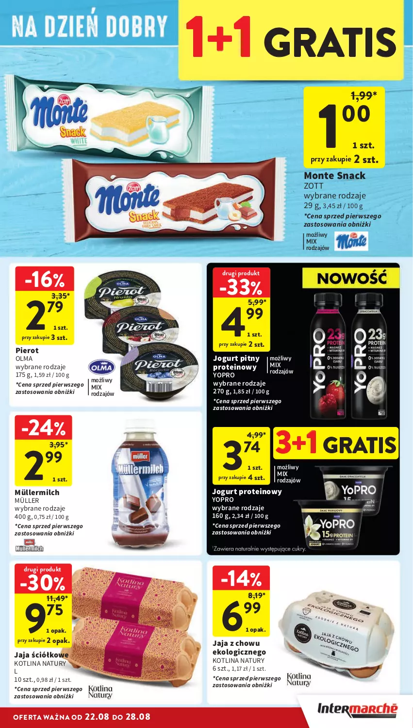 Gazetka promocyjna Intermarche - Gazetka Intermarche - ważna 22.08 do 28.08.2024 - strona 21 - produkty: Gra, Jaja, Jogurt, Jogurt pitny, Kotlin, Monte, Müller, Müllermilch, Olma, Zott