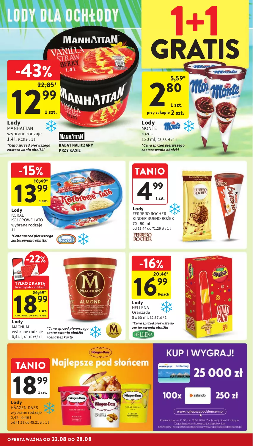 Gazetka promocyjna Intermarche - Gazetka Intermarche - ważna 22.08 do 28.08.2024 - strona 22 - produkty: Ferrero, Ferrero Rocher, Gra, Hellena, Kinder, Kinder Bueno, Lody, Monte, Oranżada