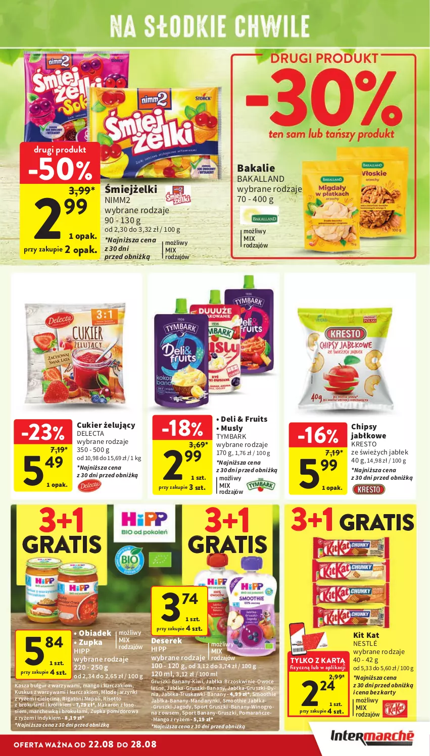 Gazetka promocyjna Intermarche - Gazetka Intermarche - ważna 22.08 do 28.08.2024 - strona 27 - produkty: Bakalland, Banany, Brzoskwinie, Bulgur, Chipsy, Cukier, Delecta, Deser, Gra, Gruszki, HiPP, Jabłka, Jagody, Kasza, Kit Kat, Kiwi, Królik, Kurczak, Kuskus, LG, Makaron, Mandarynki, Mango, Mus, Nestlé, Nimm2, Owoce, Pomarańcze, Por, Ryż, Ser, Serek, Smoothie, Sos, Sport, Truskawki, Tymbark, Warzywa, Wino, Winogrona