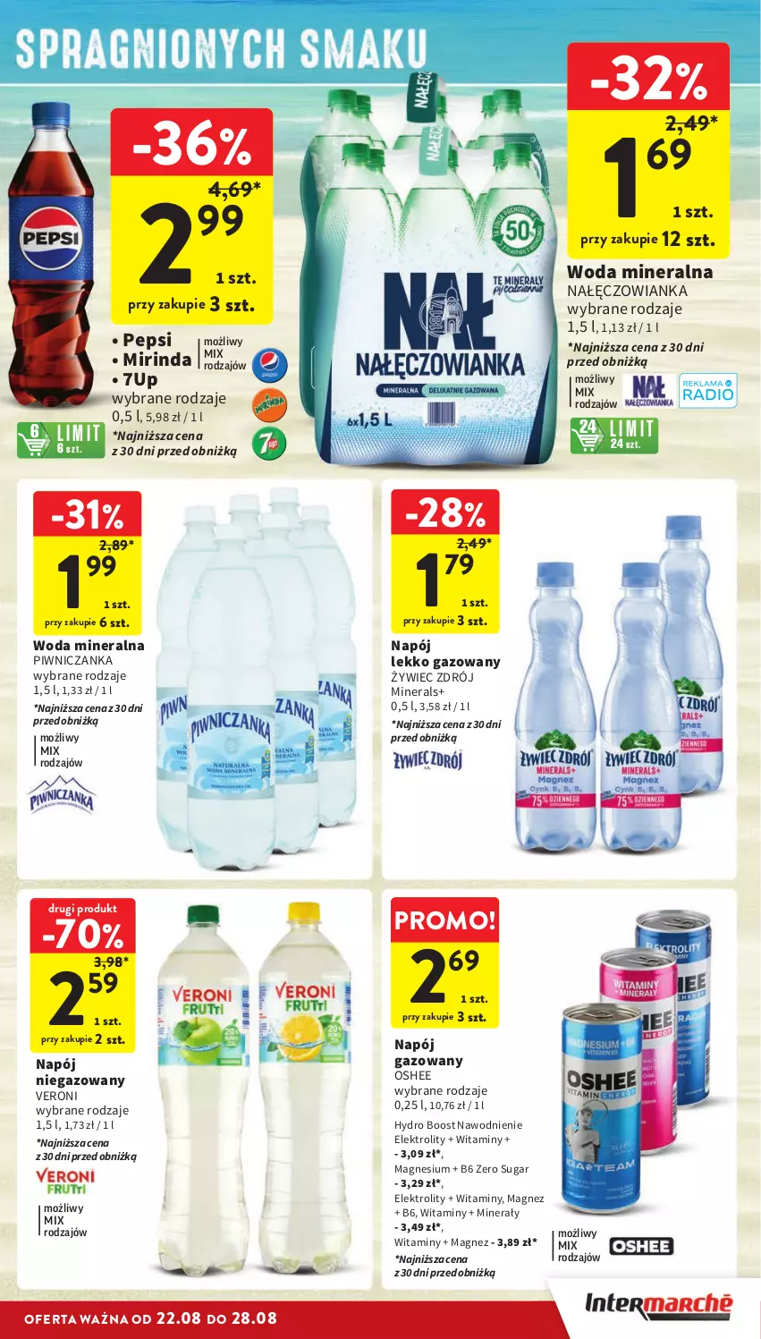 Gazetka promocyjna Intermarche - Gazetka Intermarche - ważna 22.08 do 28.08.2024 - strona 33 - produkty: 7up, Magnez, Mirinda, Nałęczowianka, Napój, Napój gazowany, Napój niegazowany, Oshee, Pepsi, Woda, Woda mineralna