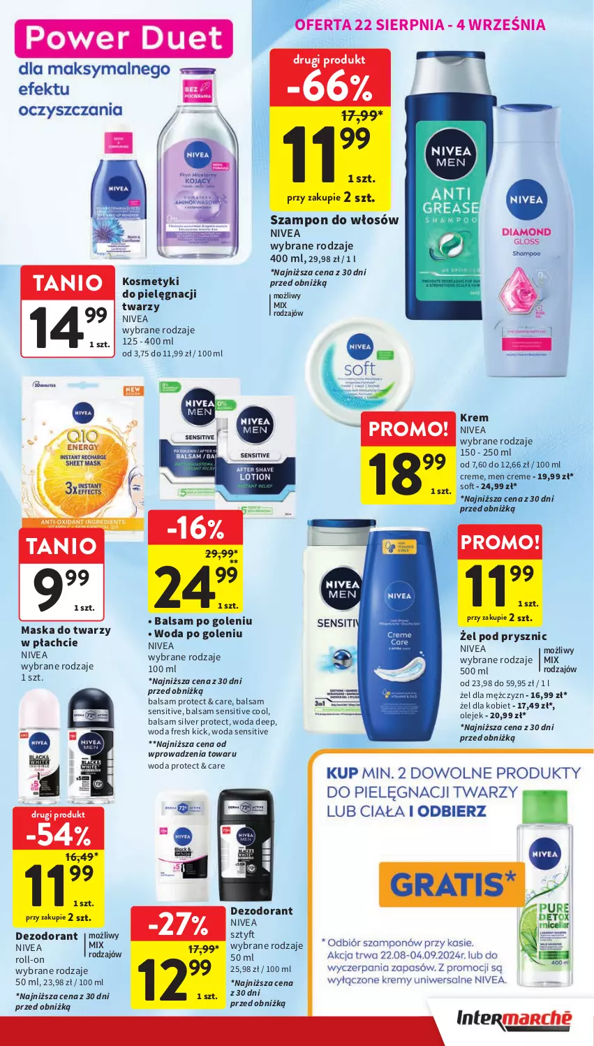 Gazetka promocyjna Intermarche - Gazetka Intermarche - ważna 22.08 do 28.08.2024 - strona 35 - produkty: Balsam po goleniu, Dezodorant, Kosmetyki do pielęgnacji, Maska, Maska do twarzy, Nivea, Olej, Szampon, Woda, Woda po goleniu