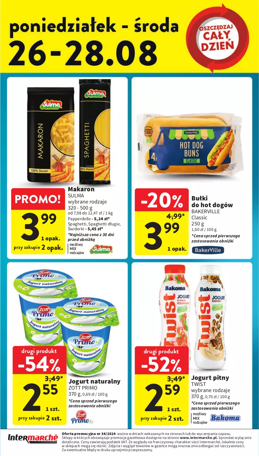 Gazetka promocyjna Intermarche - Gazetka Intermarche - ważna 22.08 do 28.08.2024 - strona 39 - produkty: Bułki do hot dogów, Dell, Hot dog, Jogurt, Jogurt naturalny, Jogurt pitny, Makaron, Spaghetti, Zott, Zott Primo