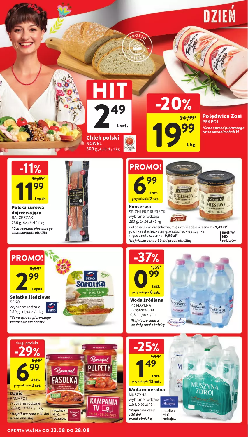 Gazetka promocyjna Intermarche - Gazetka Intermarche - ważna 22.08 do 28.08.2024 - strona 8 - produkty: Chleb, Kiełbasa, LANA, Mięso, Mus, Pekpol, Polędwica, Prima, Primavera, Sałat, Sałatka, SEKO, Ser, Sos, Spichlerz Rusiecki, Szyna, Woda, Woda mineralna