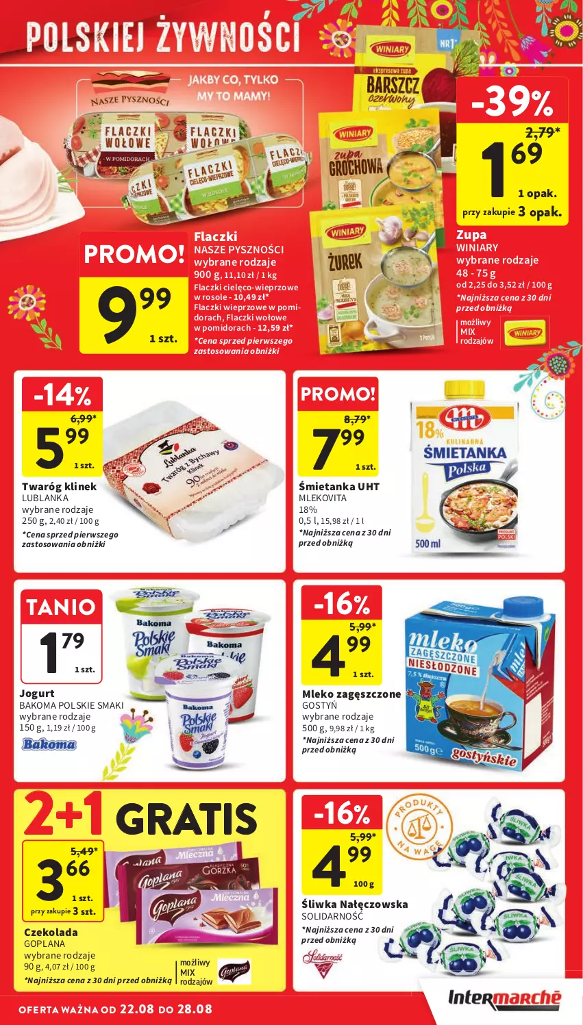 Gazetka promocyjna Intermarche - Gazetka Intermarche - ważna 22.08 do 28.08.2024 - strona 9 - produkty: Bakoma, Czekolada, Flaczki wołowe, Goplana, Gra, Jogurt, LANA, Mleko, Mleko zagęszczone, Mlekovita, Twaróg, Winiary, Zupa