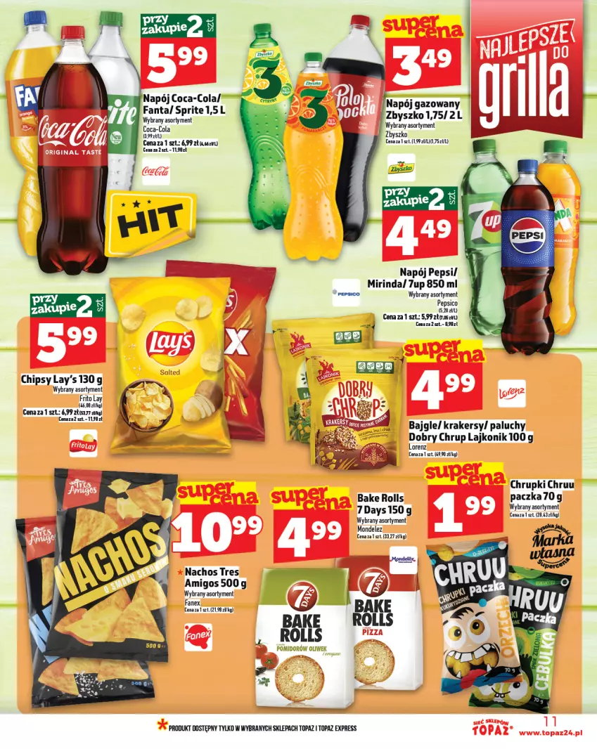 Gazetka promocyjna Topaz - Gazetka - ważna 24.07 do 30.07.2025 - strona 11 - produkty: 7up, Bajgle, Bake Rolls, Chipsy, Chrupki, Coca-Cola, Fa, Fanta, Krakersy, Lajkonik, Lorenz, Mirinda, Napój, Napój gazowany, Pepsi, Sprite, Top