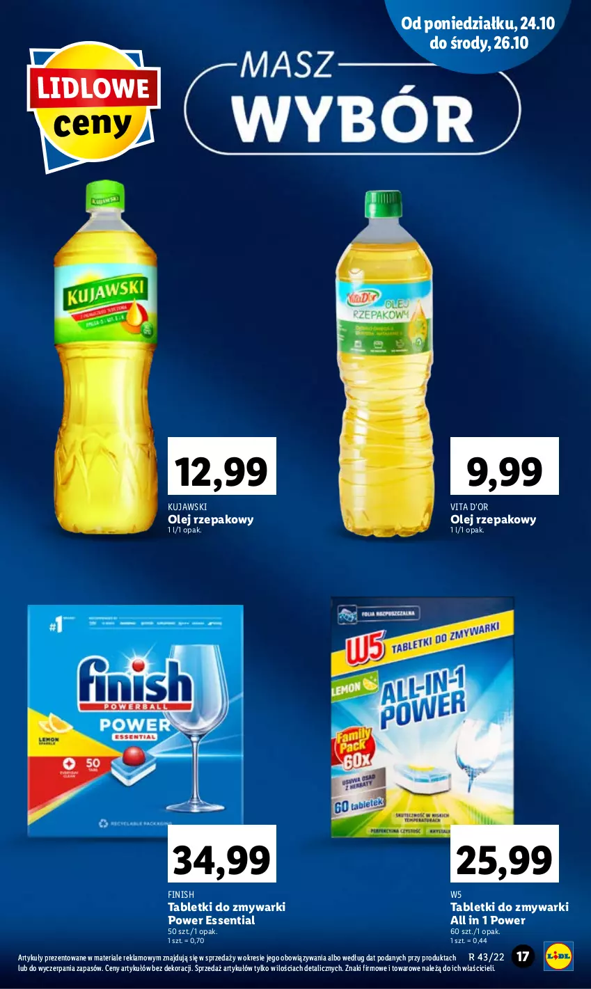 Gazetka promocyjna Lidl - GAZETKA - ważna 24.10 do 26.10.2022 - strona 17 - produkty: Finish, Kujawski, Olej, Olej rzepakowy, Tablet, Tabletki do zmywarki, Zmywarki