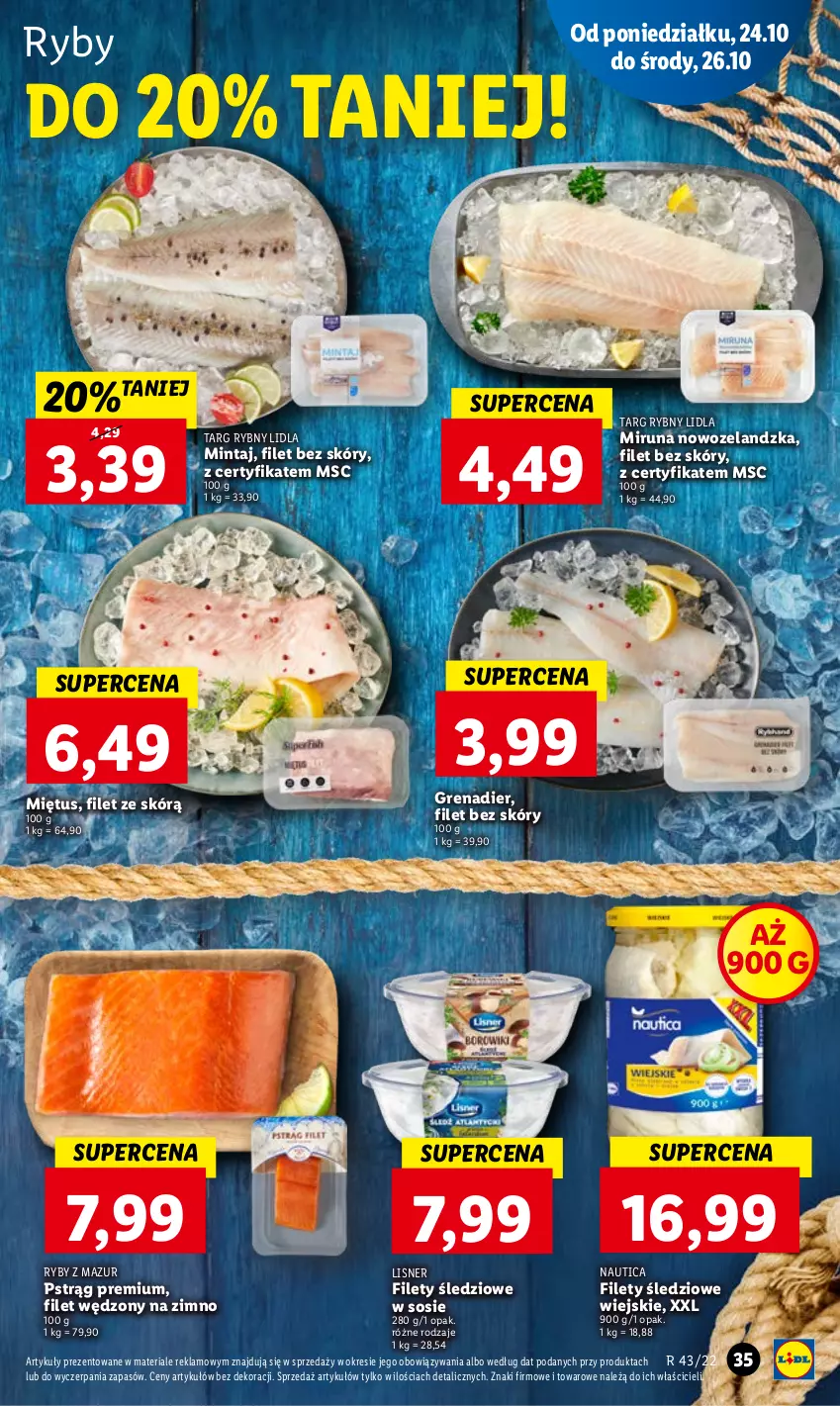 Gazetka promocyjna Lidl - GAZETKA - ważna 24.10 do 26.10.2022 - strona 39 - produkty: Grenadier, Lisner, Miętus, Mintaj, Miruna, Pstrąg, Sos