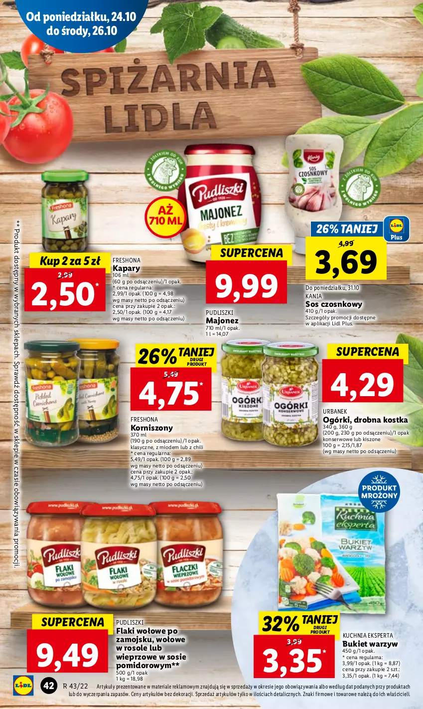 Gazetka promocyjna Lidl - GAZETKA - ważna 24.10 do 26.10.2022 - strona 46 - produkty: Bukiet, Bukiet warzyw, Flaki, Flaki wołowe, Kapary, Korniszony, Kuchnia, Majonez, Pudliszki, Ser, Sos, Sos czosnkowy