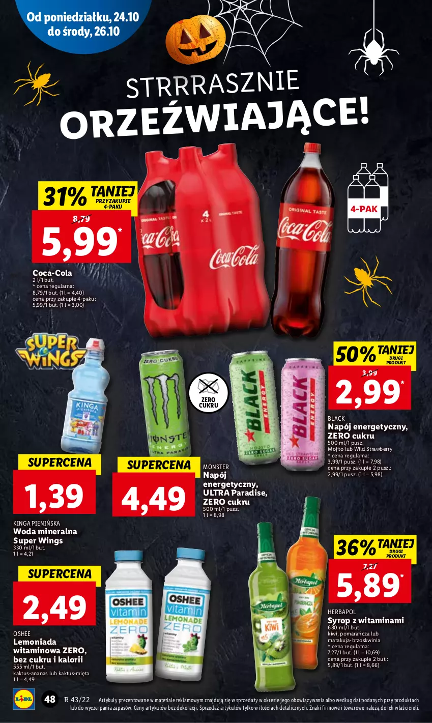 Gazetka promocyjna Lidl - GAZETKA - ważna 24.10 do 26.10.2022 - strona 52 - produkty: Ananas, Coca-Cola, Herbapol, Kaktus, Kiwi, Lack, Lemoniada, Mięta, Napój, Napój energetyczny, Oshee, Super wings, Syrop, Woda, Woda mineralna