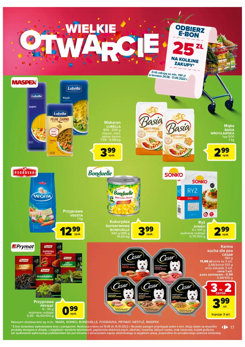 Gazetka promocyjna Carrefour - Gazetka Wielkie Otwarcie Carrefour Częstochowa - ważna 24.08 do 29.08.2022 - strona 17 - produkty: Basia, Bell, Bella, Bonduelle, Gra, Kosz, LG, Lubella, Mąka, Makaron, Mars, Papier, Piwa, Podravka, Prymat, Ryż, Ser, Sonko, Vegeta