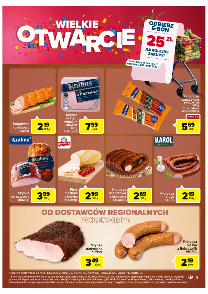 Gazetka promocyjna Carrefour - Gazetka Wielkie Otwarcie Carrefour Częstochowa - ważna 24.08 do 29.08.2022 - strona 9 - produkty: Gra, Kabanos, Kiełbasa, Krakus, LANA, Olej, Olewnik, Papier, Pekpol, Piwa, Polędwica, Sos, Szynka, Tarczyński