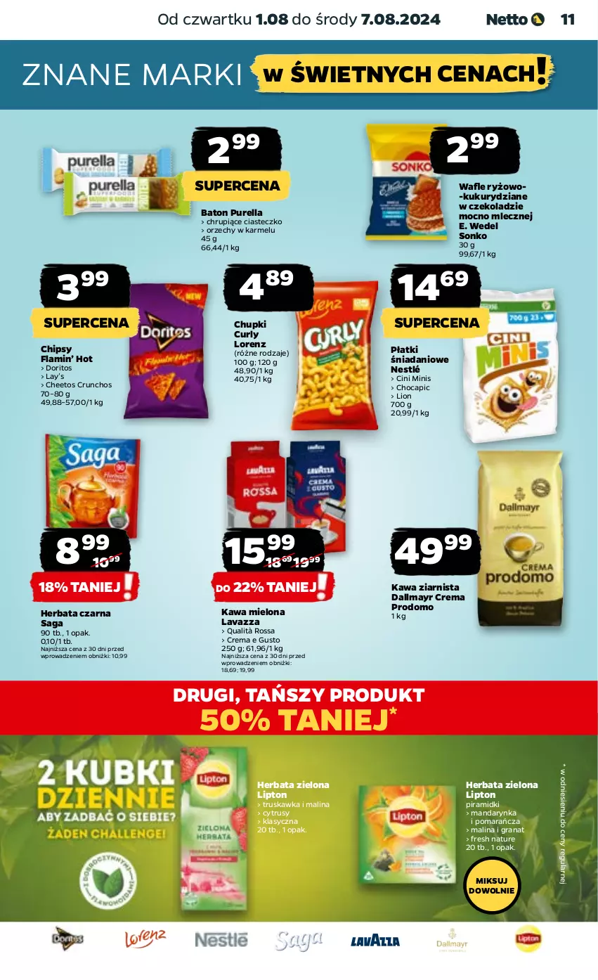 Gazetka promocyjna Netto - Artykuły spożywcze - ważna 01.08 do 07.08.2024 - strona 11 - produkty: Baton, Cheetos, Chipsy, Cini Minis, Dallmayr, Danio, E. Wedel, Gra, Granat, Herbata, Herbata czarna, Kawa, Kawa mielona, Kawa ziarnista, Lavazza, Lay’s, Lion, Lipton, Lorenz, Nestlé, Pur, Ryż, Saga, Sonko, Wafle