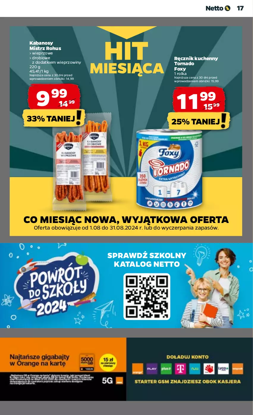 Gazetka promocyjna Netto - Artykuły spożywcze - ważna 01.08 do 07.08.2024 - strona 17 - produkty: Foxy, Kabanos, Ręcznik, Ręcznik kuchenny