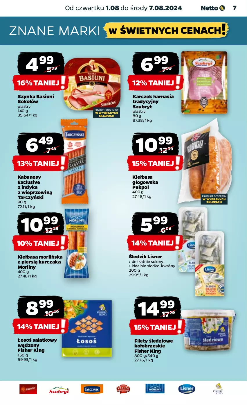 Gazetka promocyjna Netto - Artykuły spożywcze - ważna 01.08 do 07.08.2024 - strona 7 - produkty: Kabanos, Kiełbasa, Kiełbasa głogowska, Kurczak, Lisner, Morliny, Pekpol, Sałat, Sok, Sokołów, Szubryt, Szynka, Tarczyński