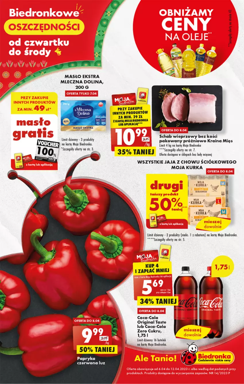 Gazetka promocyjna Biedronka - ważna 06.04 do 12.04.2023 - strona 1 - produkty: Coca-Cola, Dron, Gin, Jaja, Masło, Papryka, Schab wieprzowy