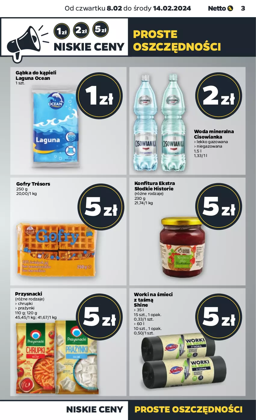 Gazetka promocyjna Netto - Artykuły spożywcze - ważna 08.02 do 14.02.2024 - strona 3 - produkty: Chrupki, Cisowianka, Gofry, Konfitura, Przysnacki, Woda, Woda mineralna, Worki na śmiec, Worki na śmieci