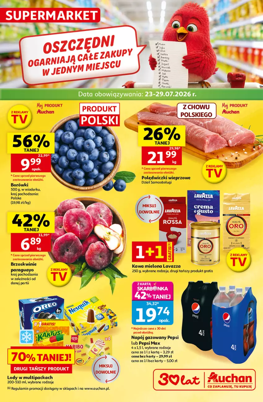 Gazetka promocyjna Auchan - Gazetka 30 Lat Supermarket Auchan - ważna 23.07 do 29.07.2026 - strona 1 - produkty: Brzoskwinie, Gra, Kawa, Kawa mielona, Lavazza, Lody, Napój, Napój gazowany, Pepsi, Pepsi max