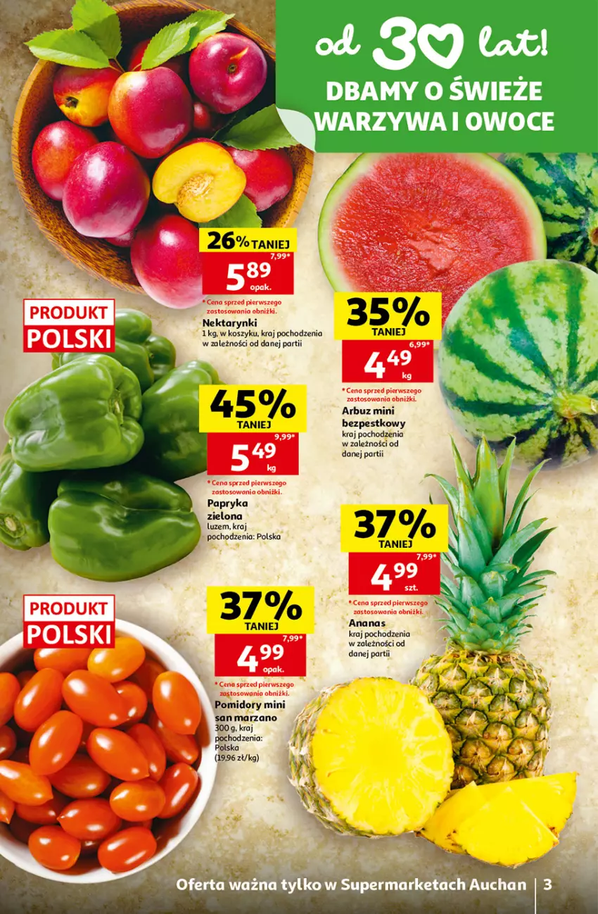 Gazetka promocyjna Auchan - Gazetka 30 Lat Supermarket Auchan - ważna 23.07 do 29.07.2026 - strona 3 - produkty: Ananas, Kosz, Nektar, Owoce, Papryka, Pomidory, Warzywa, Warzywa i owoce