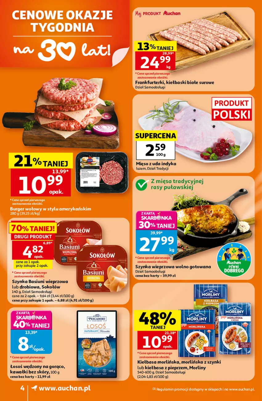 Gazetka promocyjna Auchan - Gazetka 30 Lat Supermarket Auchan - ważna 23.07 do 29.07.2026 - strona 4 - produkty: Frankfurterki, Kawa, Kiełbasa, Kiełbaski białe, Mięso, Morliny, Pieprz, Sok, Sokołów, Szynka, Szynka wieprzowa