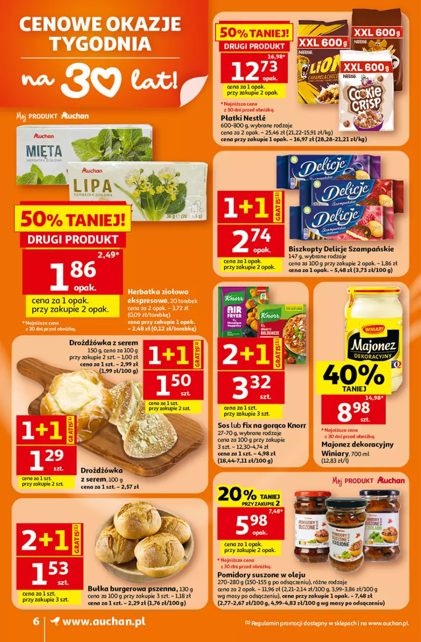 Gazetka promocyjna Auchan - Gazetka 30 Lat Supermarket Auchan - ważna 23.07 do 29.07.2026 - strona 6 - produkty: Biszkopty, Bułka, Burger, Delicje, Knorr, Majonez, Olej, Pomidory, Ser, Sos, Winiary