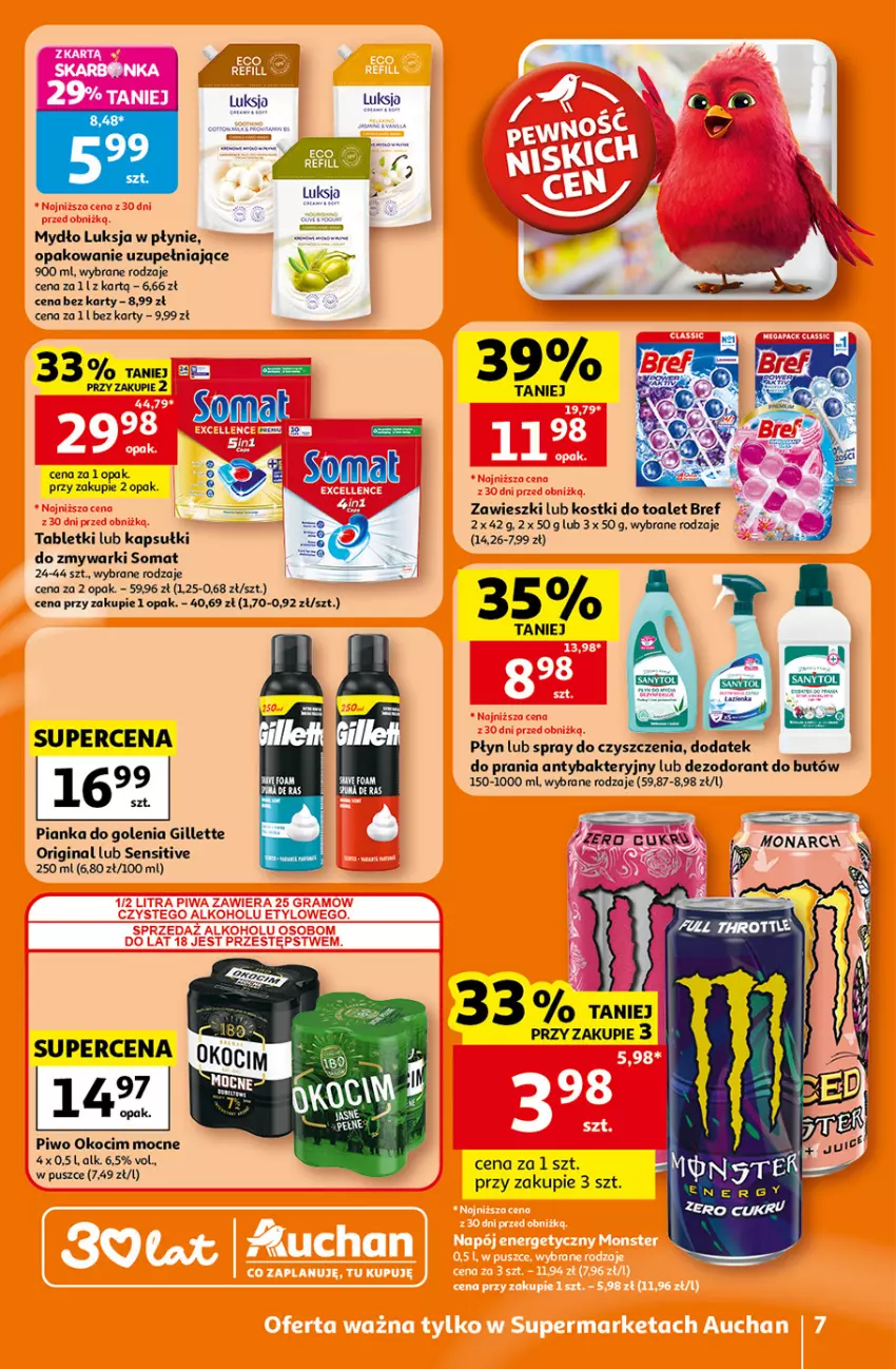 Gazetka promocyjna Auchan - Gazetka 30 Lat Supermarket Auchan - ważna 23.07 do 29.07.2026 - strona 7 - produkty: Bref, Dezodorant, Gillette, Gin, Koc, Luksja, Mydło, Okocim, Pianka do golenia, Piwo, Somat, Spray do czyszczenia, Tablet, Zawieszki, Zmywarki
