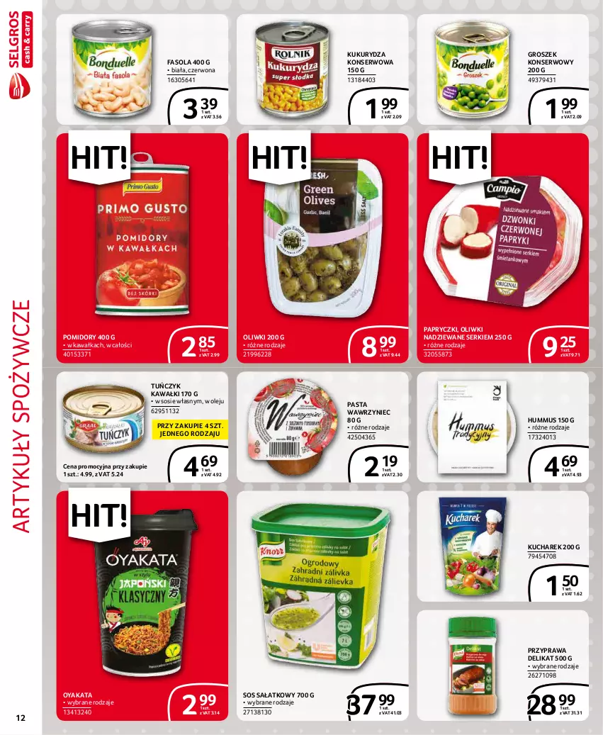 Gazetka promocyjna Selgros - Extra Oferta - ważna 01.12 do 31.12.2021 - strona 12 - produkty: Artykuły spożywcze, Fa, Fasola, Groszek, Hummus, Kawa, Kucharek, Kukurydza, Kukurydza konserwowa, Mus, Olej, Oliwki, Pomidory, Sałat, Ser, Sos, Tuńczyk